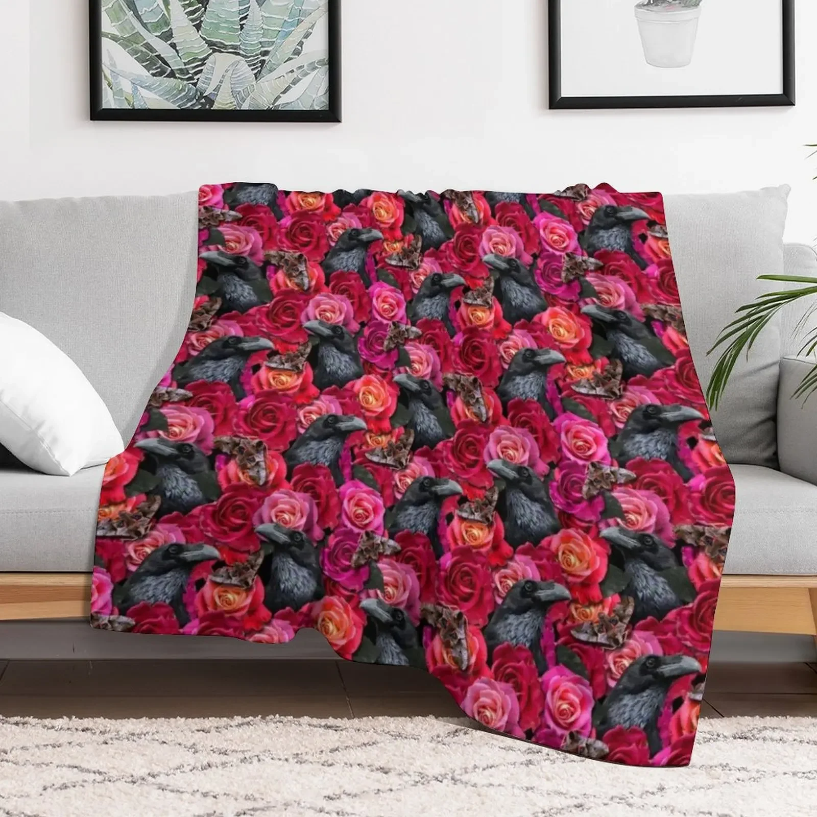 Raven Evermore with Roses and Hawkmoths Gothic Pattern by Moose Disco Throw Blanket All Season Lightweight Soft Blanket for Bed