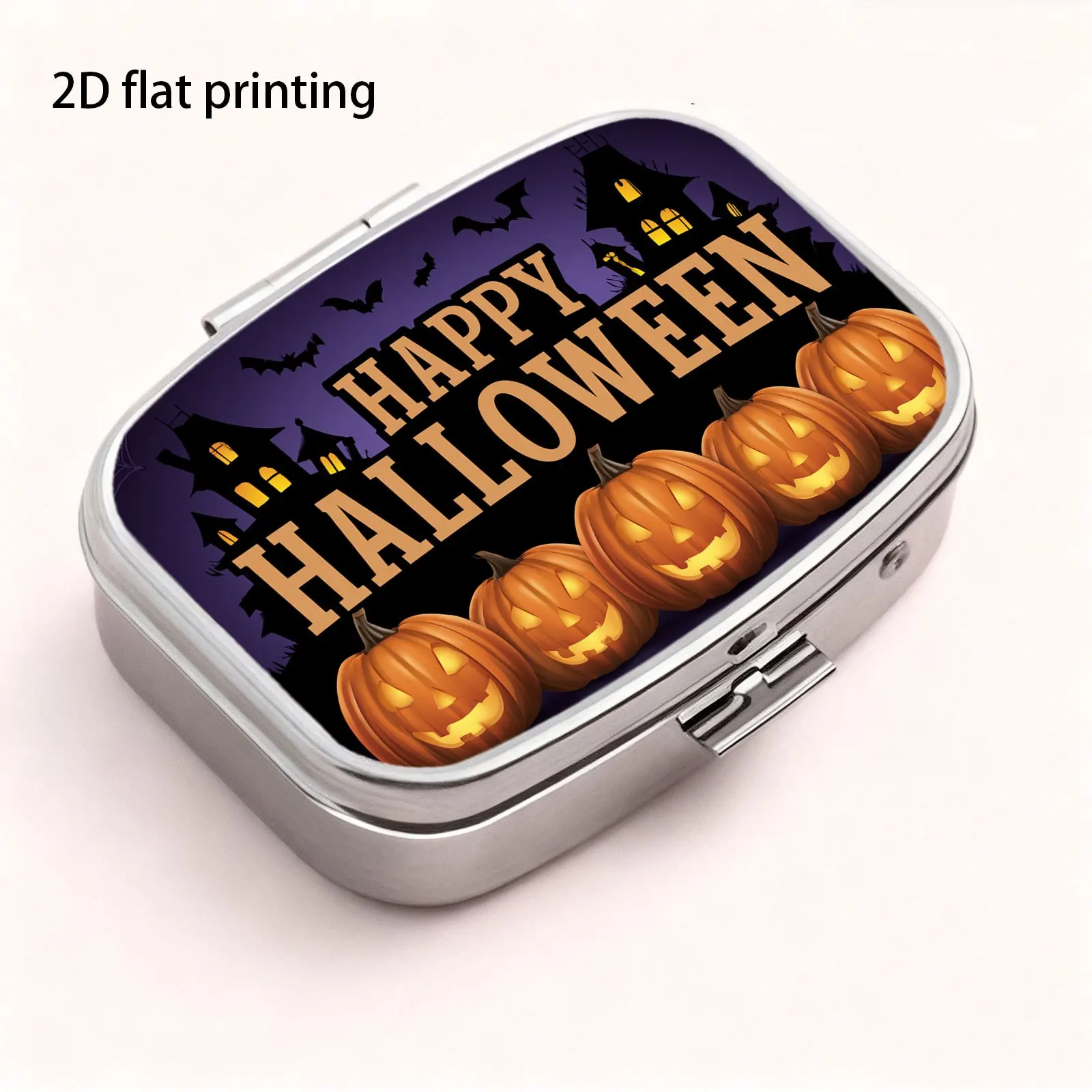 Simple Cartoon Halloween Pumpkin Castle Bat Text Pattern, Square Two-Compartment Small Pill Box, Portable Medicine Storage, Small Jewelry Storage, Suitable for Handbags or Travel, Holiday Gifts, Souvenirs, Prizes, Small Gifts, for Personal Use or as Exquisite Gifts