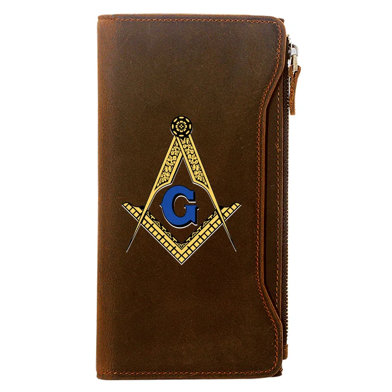 

Retro Freemason Symbol Printing Men Long Wallets Zipper Large Capacity Genuine Leather Male Purse Clutch Bag BI064
