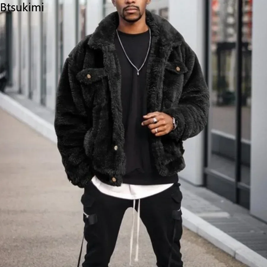 Autumn Winter Men\'s Mid-length Style Plush Jacket Fashion Casual Fluffy Warm Coat Male Solid Tops Loose Thermal Jacket Outerwear