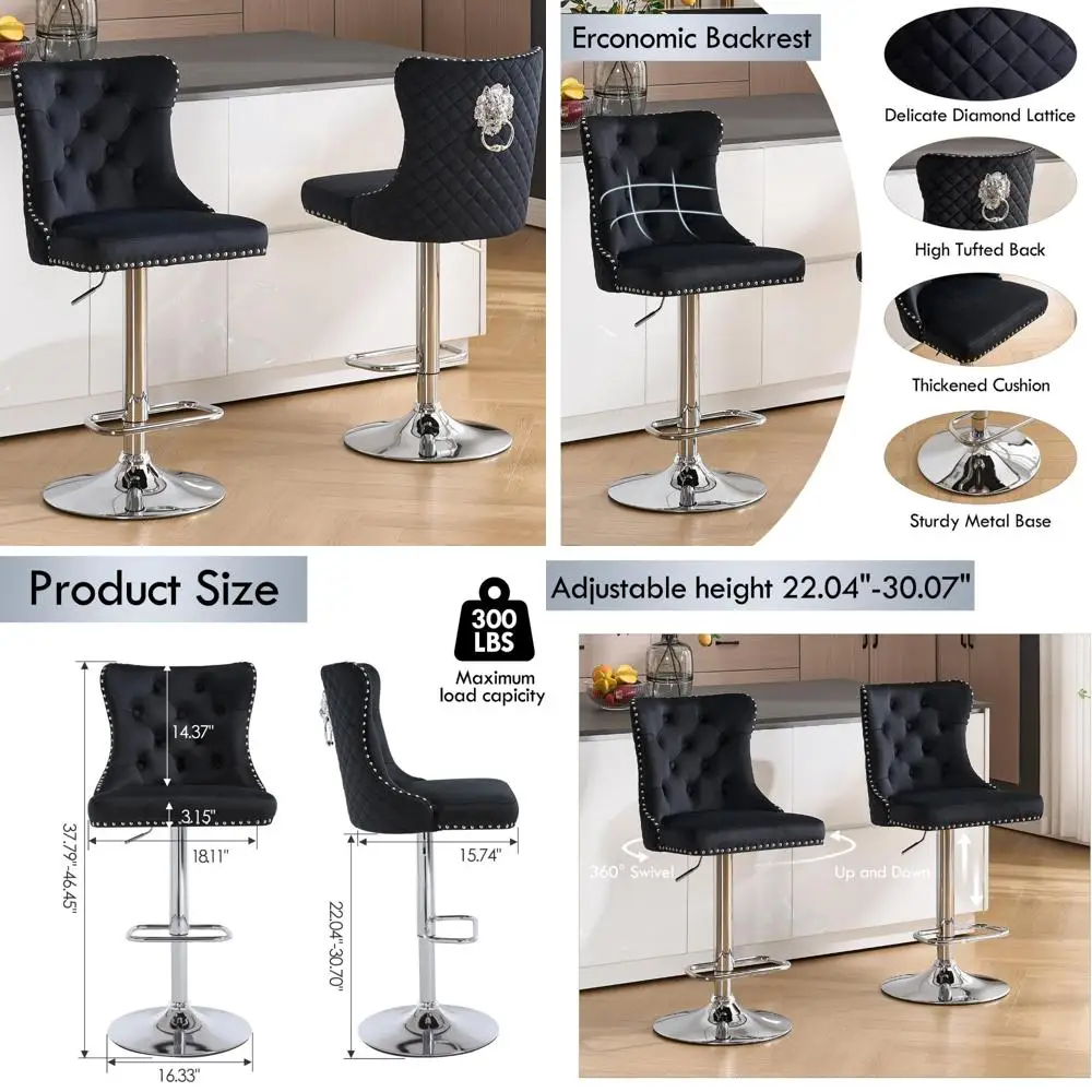 Juego de 2 taburetes de bar de terciopelo, taburetes de altura de barra giratorios modernos con anillo de tracción de león, sillas de altura de mostrador ajustables con cromo Fo