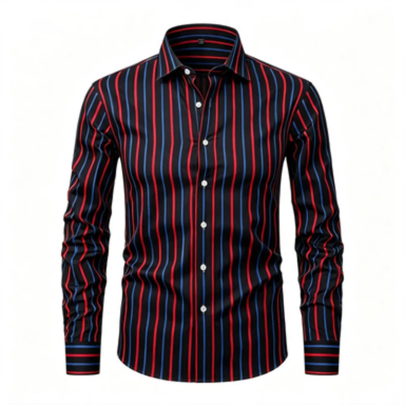 Men's long sleeved shirt, simple men's vertical stripe printed long sleeved shirt, vertical line lapel shirt, European and Ameri