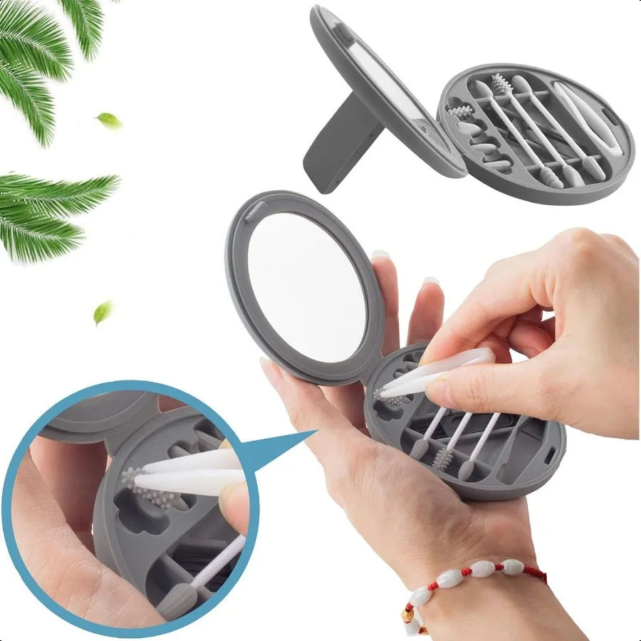 Strogem Tamponi di cotone riutilizzabili con 1 specchio per applicazioni e pulizia del trucco QTip in silicone lavabile portatile multifunzionale