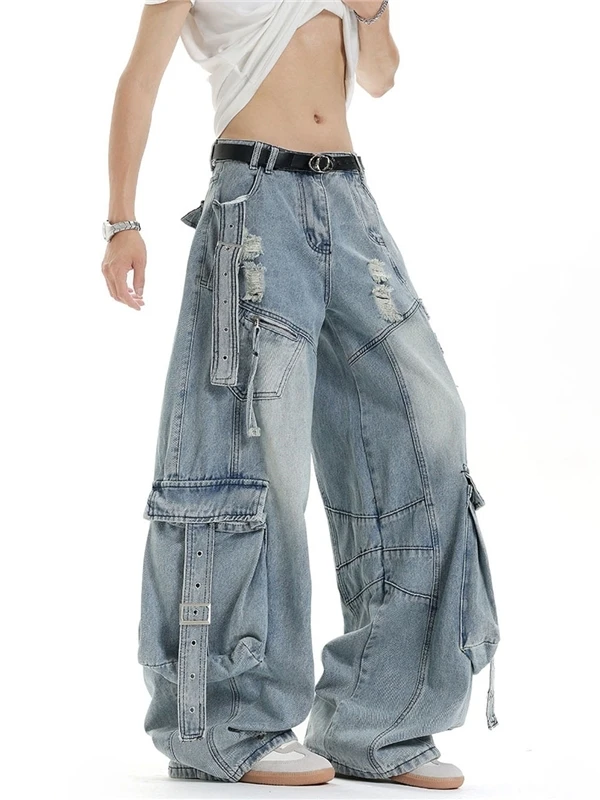 

Американские джинсы из плотного денима в стиле рабочей одежды, мужские, осенние, модные, в уличном стиле, с эффектом потертости, широкие штанины, с множеством карманов.