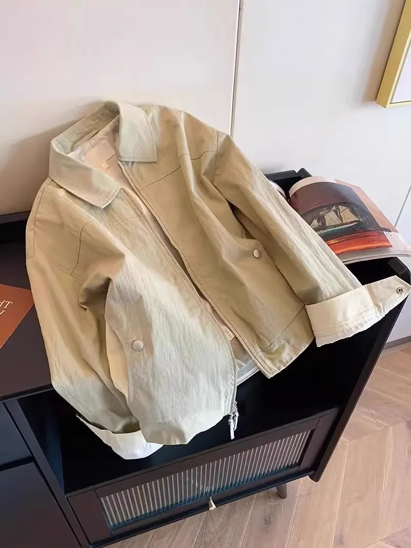 Retro Zipper Collared Jaet Mens Plain Color Casual Versatile Spring Autumn OuterwearFaionable Simple Pure Classic Outerwear