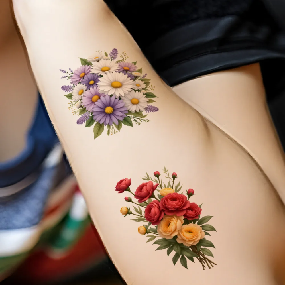 63 pçs tatuagem temporária margaridas à prova dwaterproof água de longa duração corpo adesivos peônias bules ilustração vasos para ombros