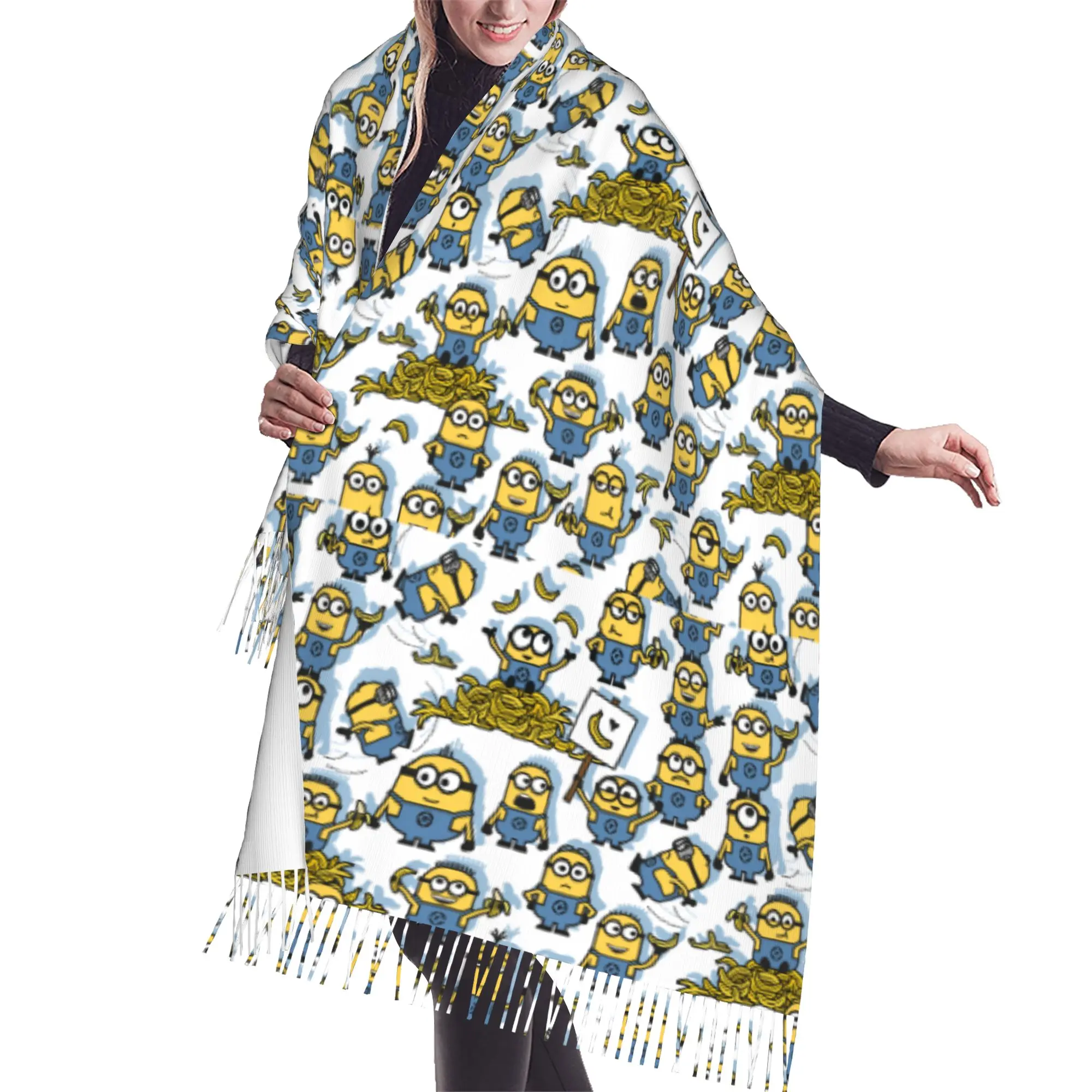 Custom M-Minioned Anime Tassel Scarf Women Soft Manga Cartoon Shawl Wrap Female Winter Fall Scarves