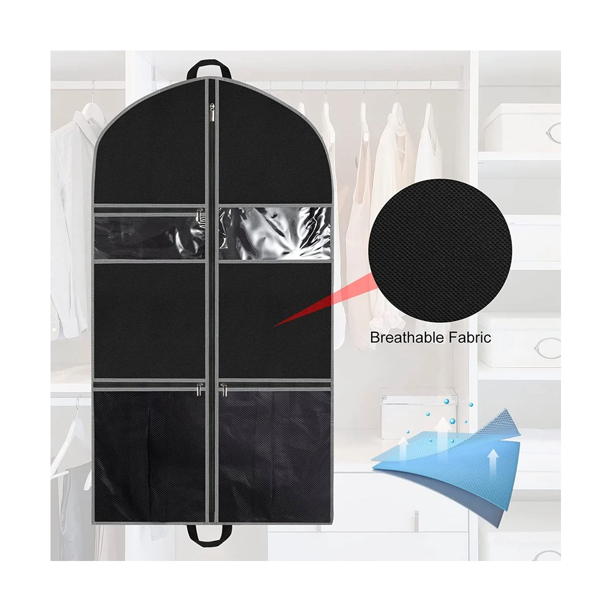 Suit Bag for Travel, Suit Carrier for Men Breathable Garment Bag with 2 Mesh Pockets and 1 PVC Pocket for Travel Closet