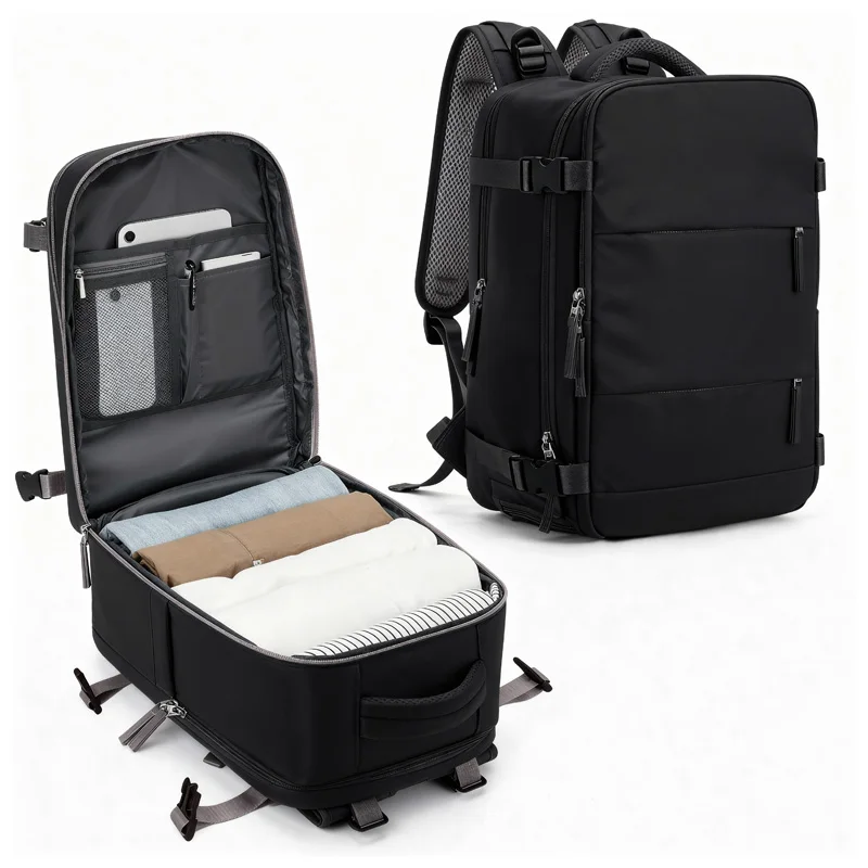 男性用および女性用のトラベルバックパック、航空会社承認済みのラップトップバックパック、15.6インチに適しています、防水パーソナルウエストバッグ、