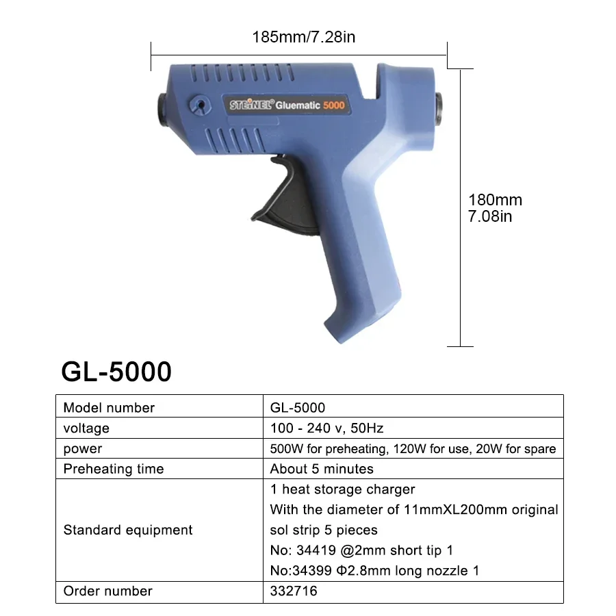 STEINEL 5 Pieces Regenerative Wireless Hot Melt Glue Gun 220-240V with 11mm for Construction, DIY and Crafts GL-5000