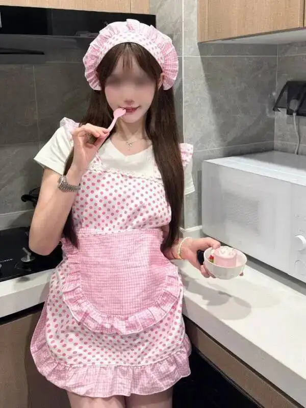 コススイートリトルシェフメイドキュートガールレース水玉模様タイなしセクシー女性用ドレスエレガントスイートミニドレスピンクファッションBCM8