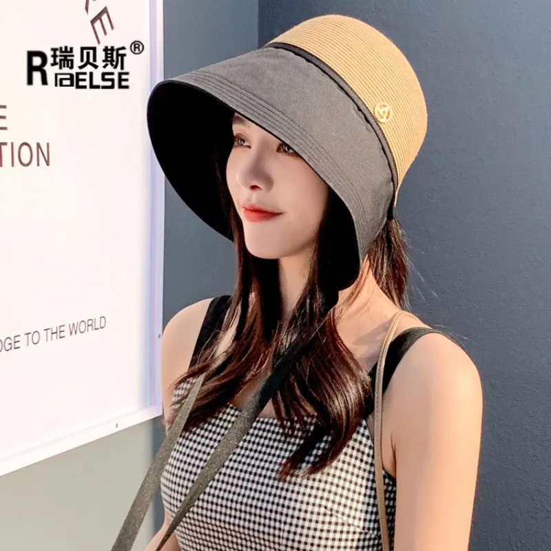 Hat Versatile for Summer Sun Shading Bucket Hat Sun Protection UV Protection Face Blocking Contrasting Color Grass Woven Sun Hat