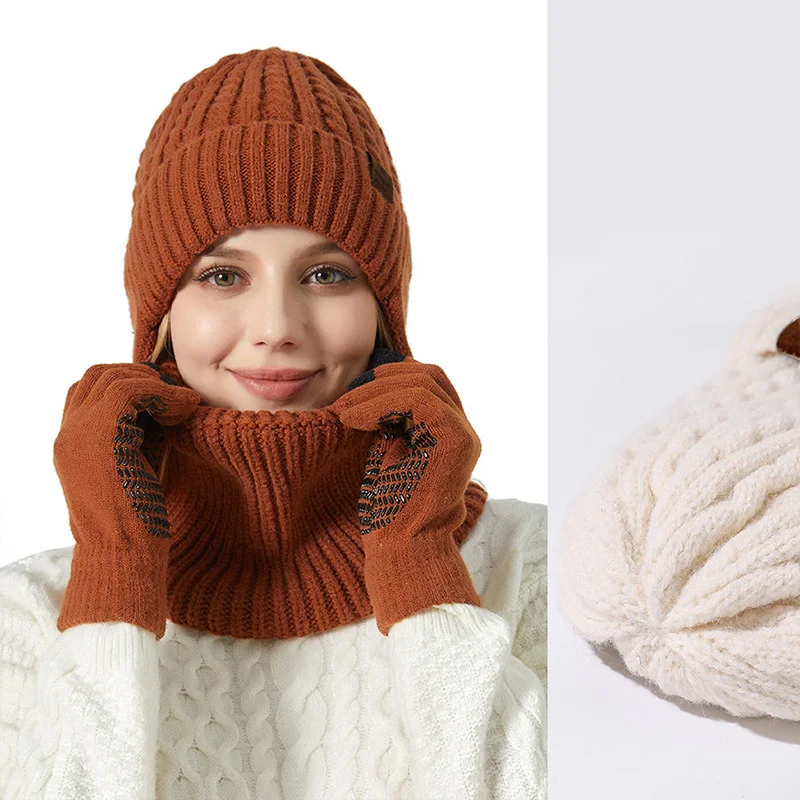 Bonnet et écharpe en laine pour hommes et femmes, gants à écran tactile, écharpes à doublure en tricot chaud, protection des oreilles, bonnets