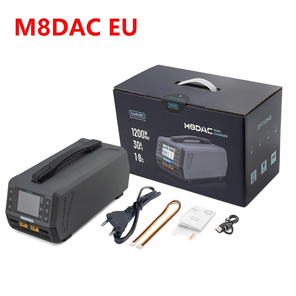 ToolkitRC M8DAC intelligente oplader 2-kanaals 1-8S AC 1200W 50A 30A lithiumbatterij afstandsbediening drone FPV model auto 1/5 1/6