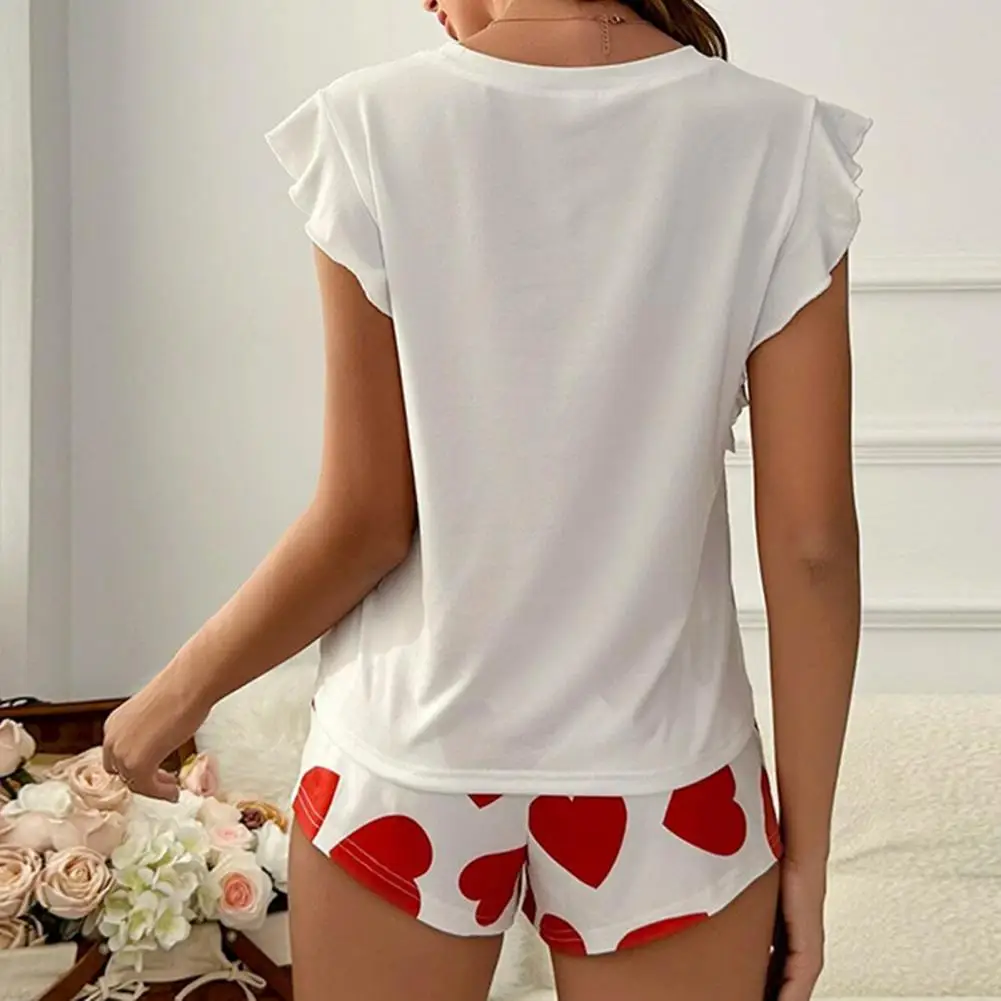 

Elegant Sleepwear Set Women's Ruffle Cap Sleeve Pajama Set with Love Heart Printed Shorts Summer Casual 2 Piece for Homewear