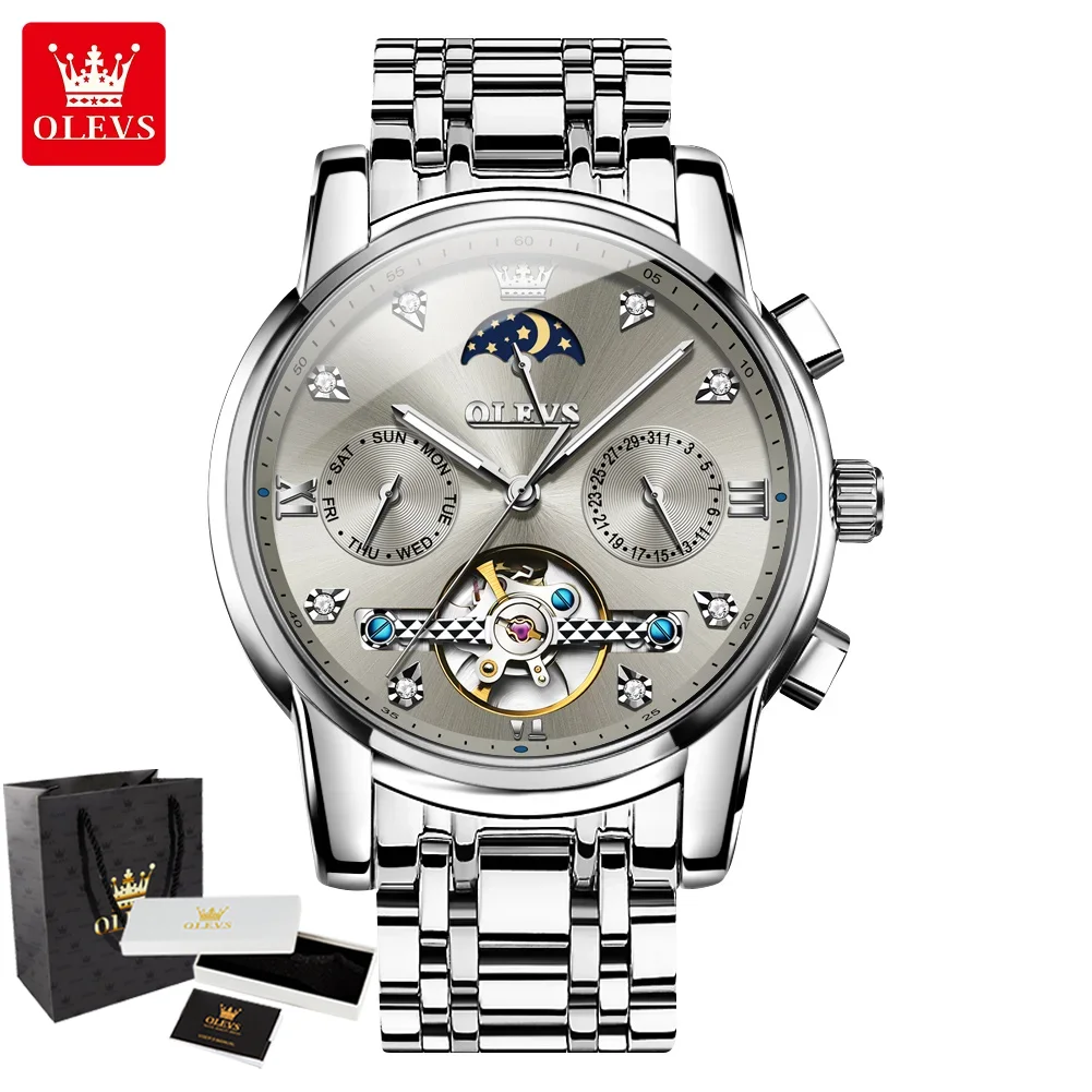 

OLEVS 6678 Skeleton Flywheel Automatic Mechanical Watches for Man Moon Phase Calendar Waterproof Luminous Business Men's Watches