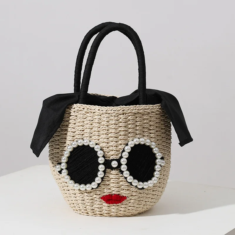 

Glasses red lips straw wovenJapanese fashion rattan hand bag cute cartoon Shoulder Crossbody Beach Bag bucket woven bag female