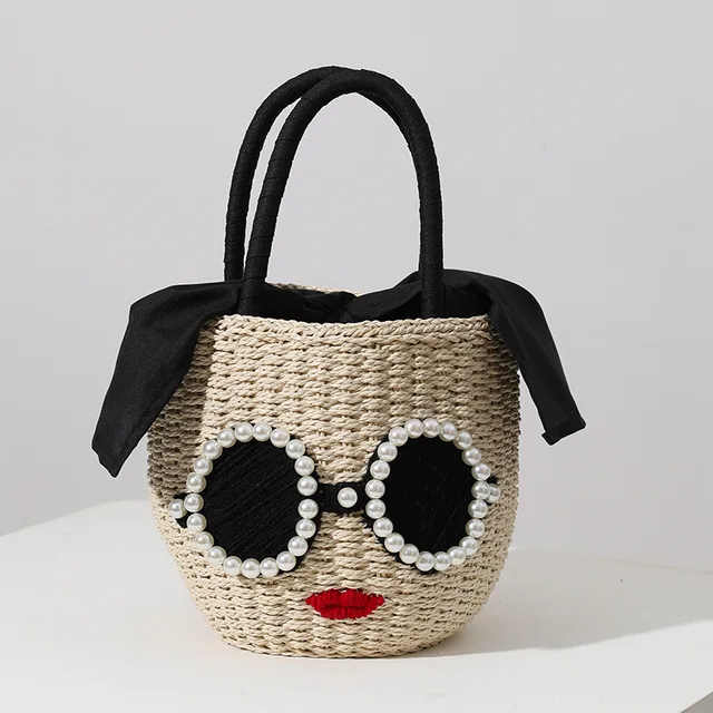 Okulary czerwone usta słomka wovenjapońska moda rattanowa torebka urocza kreskówka Crossbody na ramię torba na plażę wiadro pleciona torba kobiety