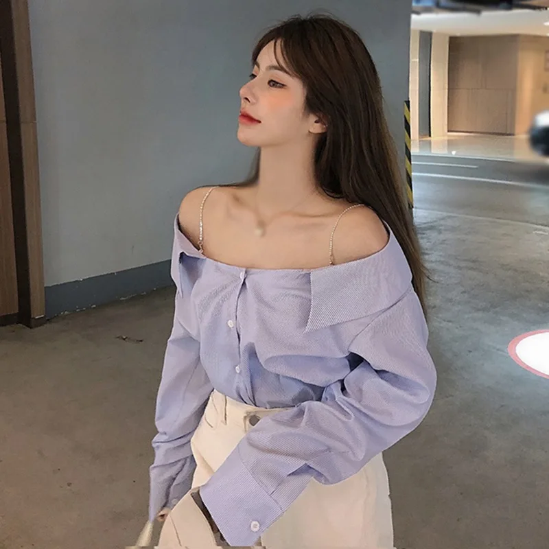 Women Blouse Elegant Chic Shirts Solid Skew Collar Off Shoulder Stylish Sexy Hot Sale Long Sleeve Loose Blusas Top New Mujer
