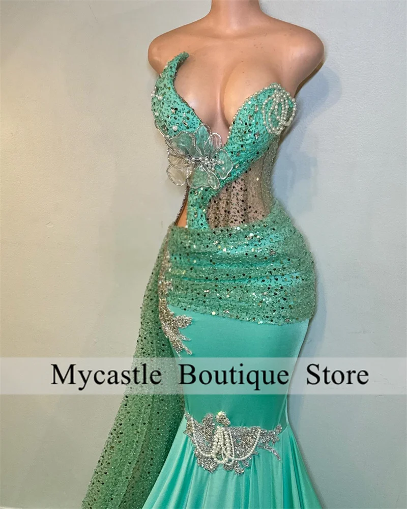 Elegant Turquoise Diamond Long Prom Dresses For Black Girls 2025 Beaded Appliques Birthday Party Dress Mermaid Evening Dresses