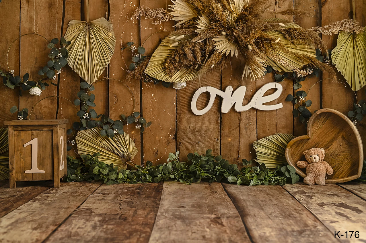 Legno felice 1 ° compleanno sfondo per la fotografia foglie ritratto del bambino fotografia fondali sfondo in legno per la decorazione della festa