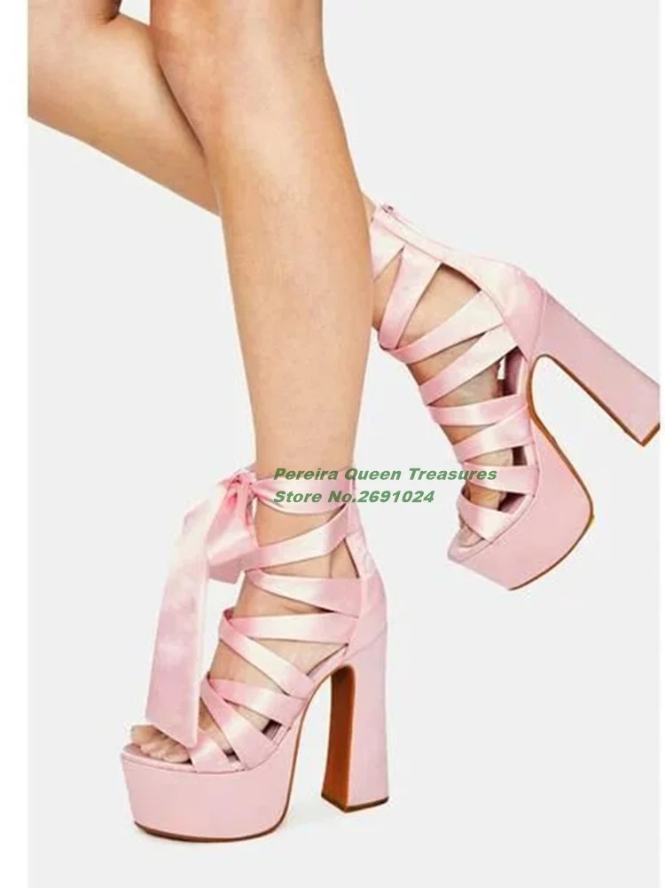 Pink Satin Lace Up Plarform Sandals Peep Toe Chunky Heels Women's Sandals Summer 2023 New Luxury Party Shoes Solid Spicy Girls