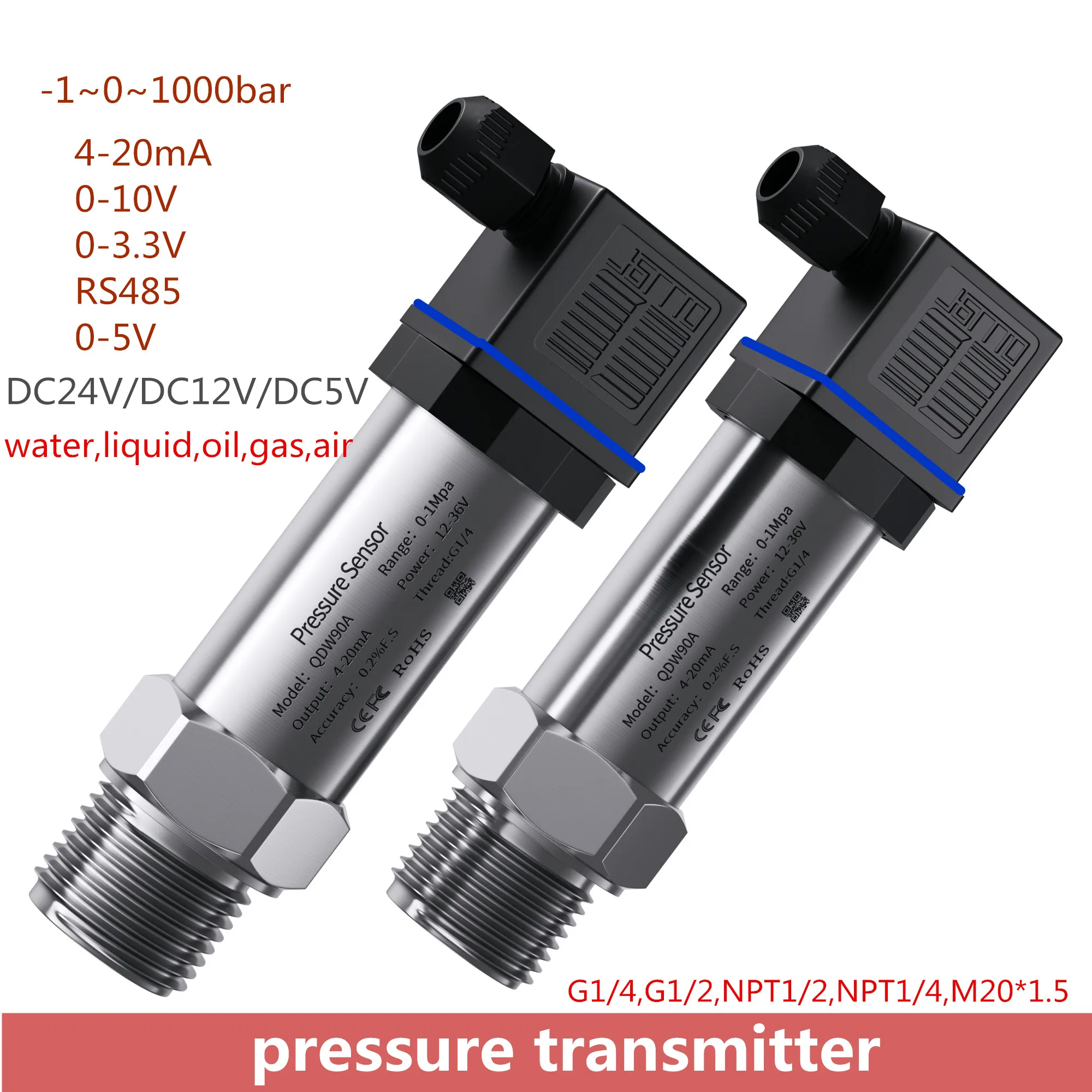 

Датчик давления, 4-20 мА, 2,5 МПа, 10 кПа, 1 бар/10 бар/145psi, 24 В, G1/4 NPT1/4, 0,2 бар, 1,6 МПа, 20 кПа, 60 кПа