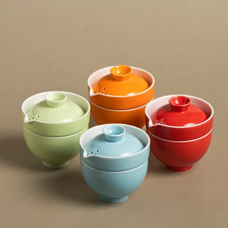 Chinese Style Tea Ware Colored Glaze Ceramic Handheld Teapot 1 Pot 1 Cup Single Quick Tea Insufer Gongfu Tea Set for Home Office