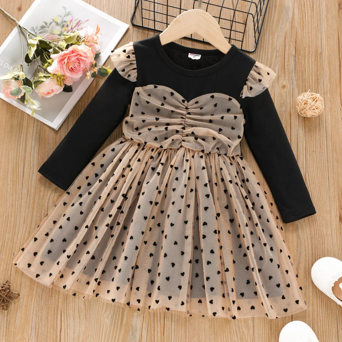 PatPat Toddler Girl Heart Embroidered Mesh Splice Long-sleeve Dress Soft and Comfortable  Perfect for Outings