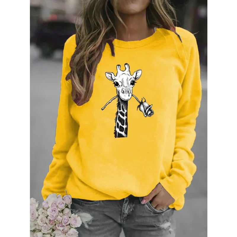 Women's Fashion Giraffe Print Round Neck Hoodie Sweatshirt  Sweatshirts  Aesthetic  Harajuku  Streetwear Women