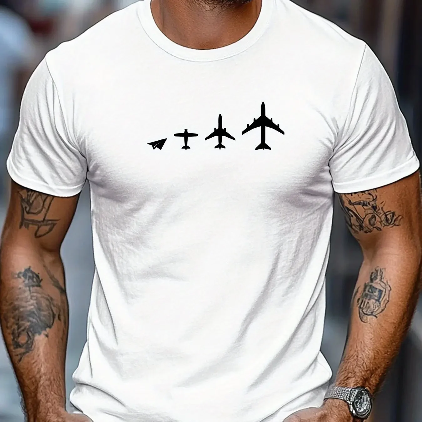 T-shirt décontracté d'été pour homme à manches courtes 100 % coton motif évolution de l'avion confortable et coupe ample unisexe