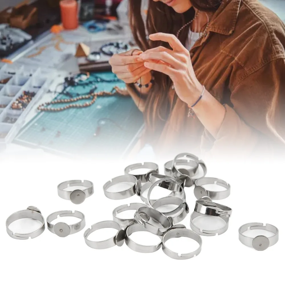 20pcs Stainless Steel Blank Ring Adjustable Design Flat Base Adjustable Ring 8mm Round Pad Stainless Steel Ring