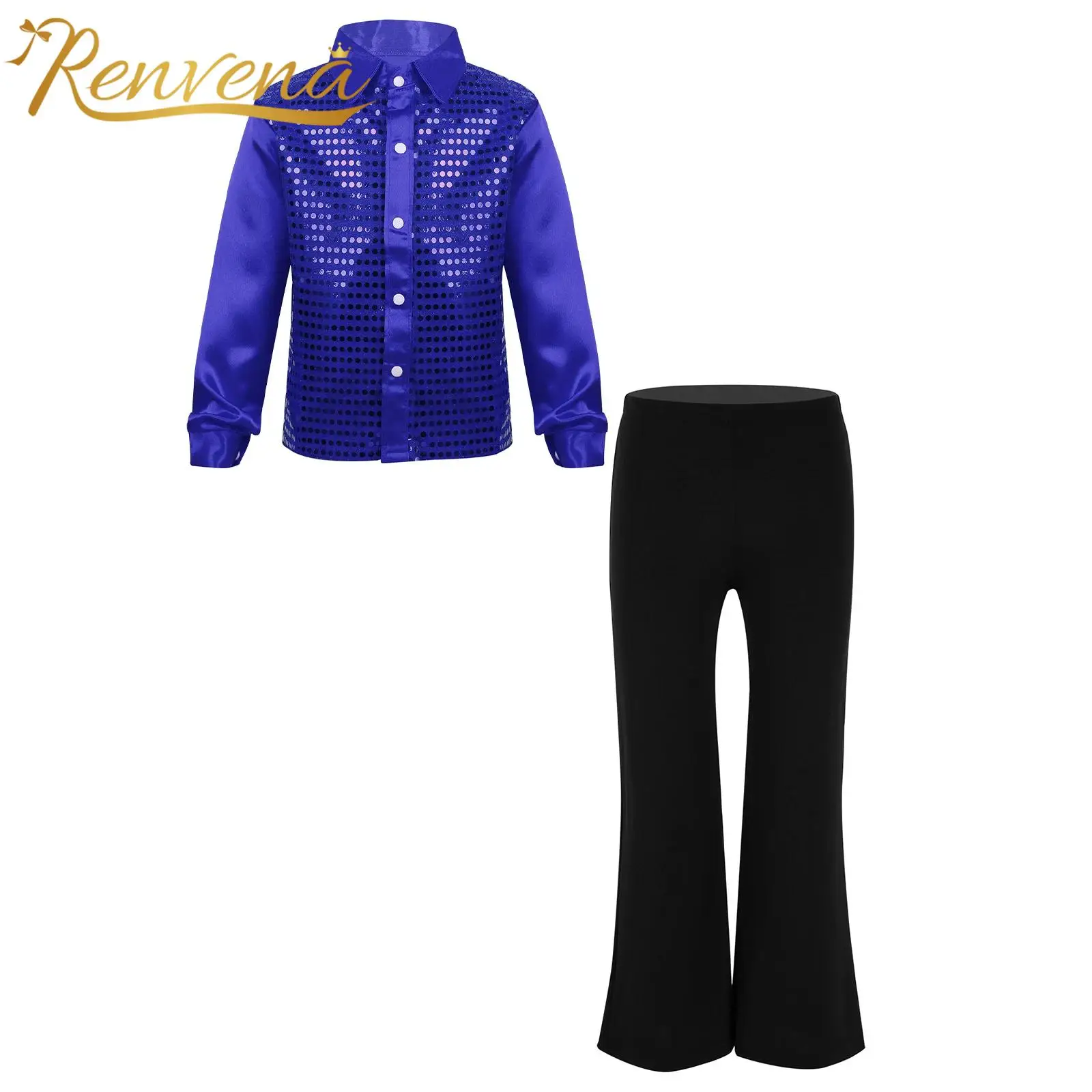 Kids Boys Long Sleeve Button-Down Sequined Shirt with Pants Dancewear Sets for Jazz Dance Costumes Stage Performance Clothes