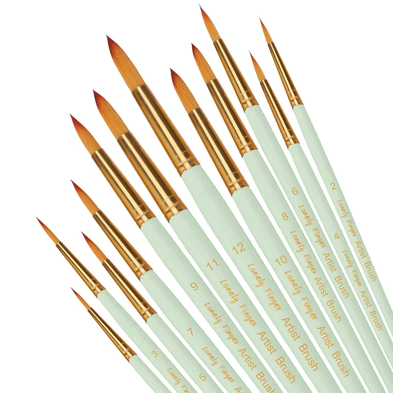 12Pcs Artist Paint Brushes Set Different Size Round Pointed Tip Nylon Hair Paintbrushes for Acrylic Watercolor Oil Body Painting