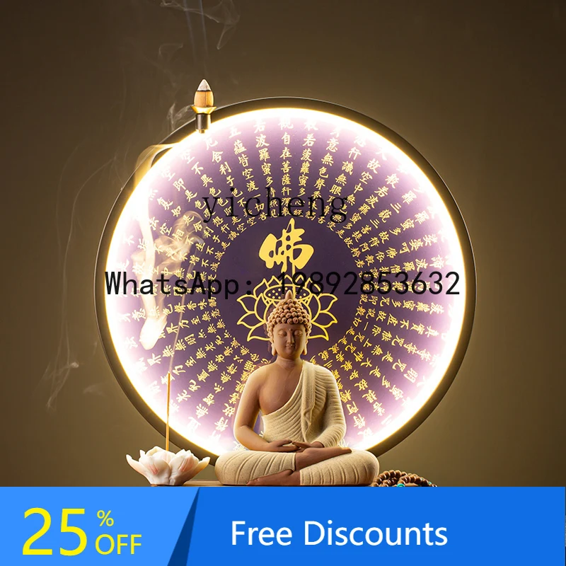 

Buddha statue living room creative entrance Zen decorative painting Heart Sutra lamp circle ornament