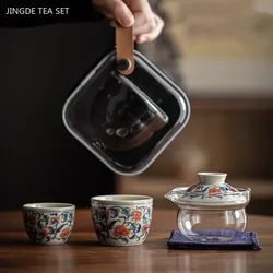Jingdezhen Blue and White Porcelain Tea Set Glass Gaiwan One Pot Two Cups Outdoor Tea Infuser Travel Portable Ceramic Tea Set