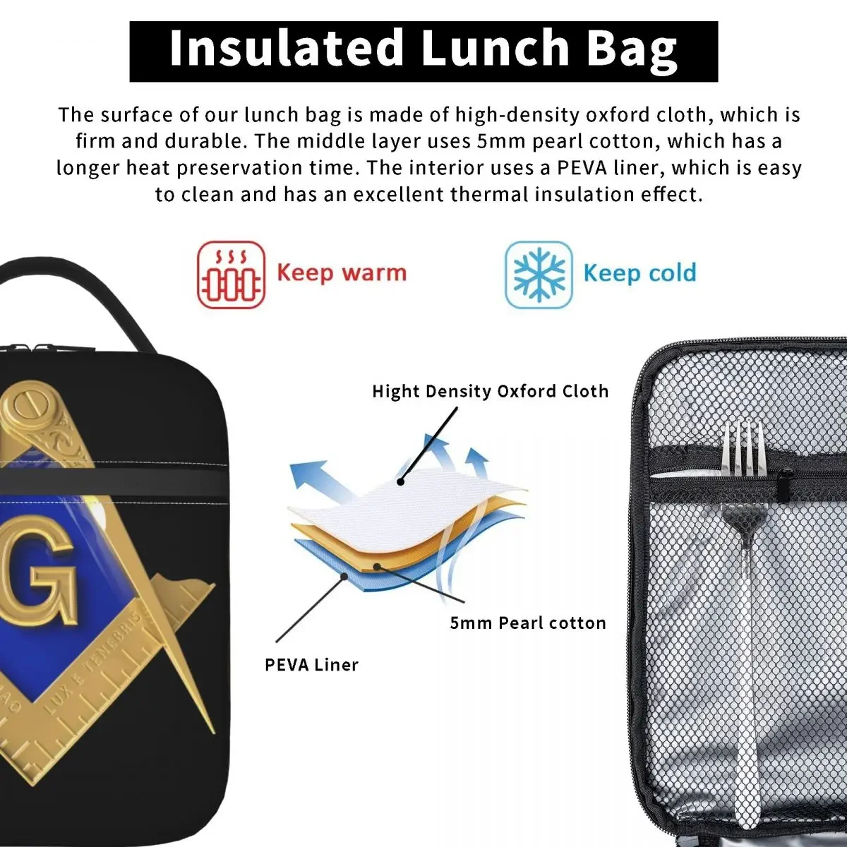 Custom Gold Square Compass Masonic Freemason Lunch Bag Men Women Cooler Warm Insulated Lunch Boxes for Student School