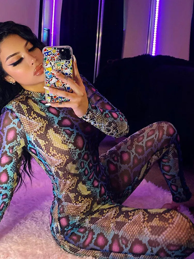 

WeiYao Sexy Spicy Women Jumpsuit Serpentine Print O-neck Long Sleeve Bodycon Jumpsuit Party Club Streetwear Chic Women Clothes