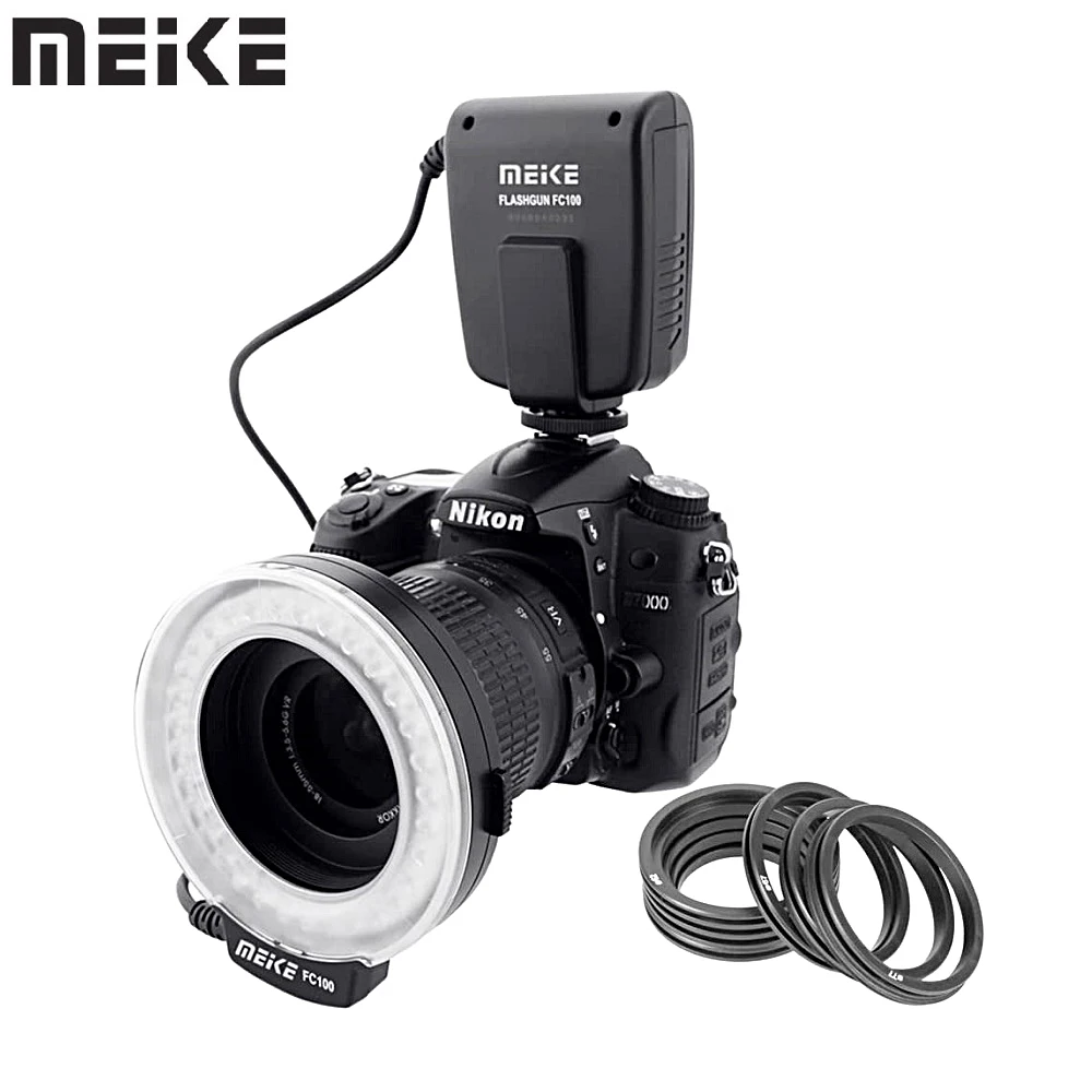 Meike FC-100 Macro LED Ring Flash Bundle with 8 Adapter Ring for Canon Nikon Pentax Olympus Panasonic DSLR Camera Flash V HD130