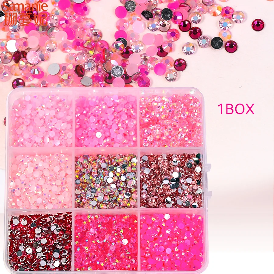9 Grids 3D Pink Aurora Nail Rhinestone Kit, Mixed Round Flatback Crystal Gems for Nail Art & DIY Craft
