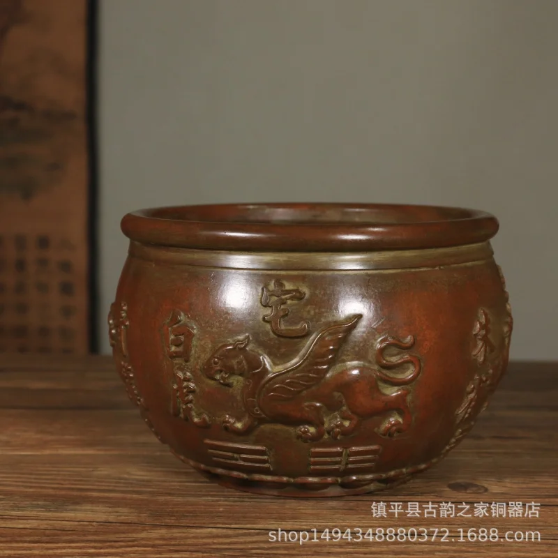 Pure Ornament Brass Four Mythical Beasts Qinglong White Tiger Zhuque Xuanwu Copper Cylinder Living Room