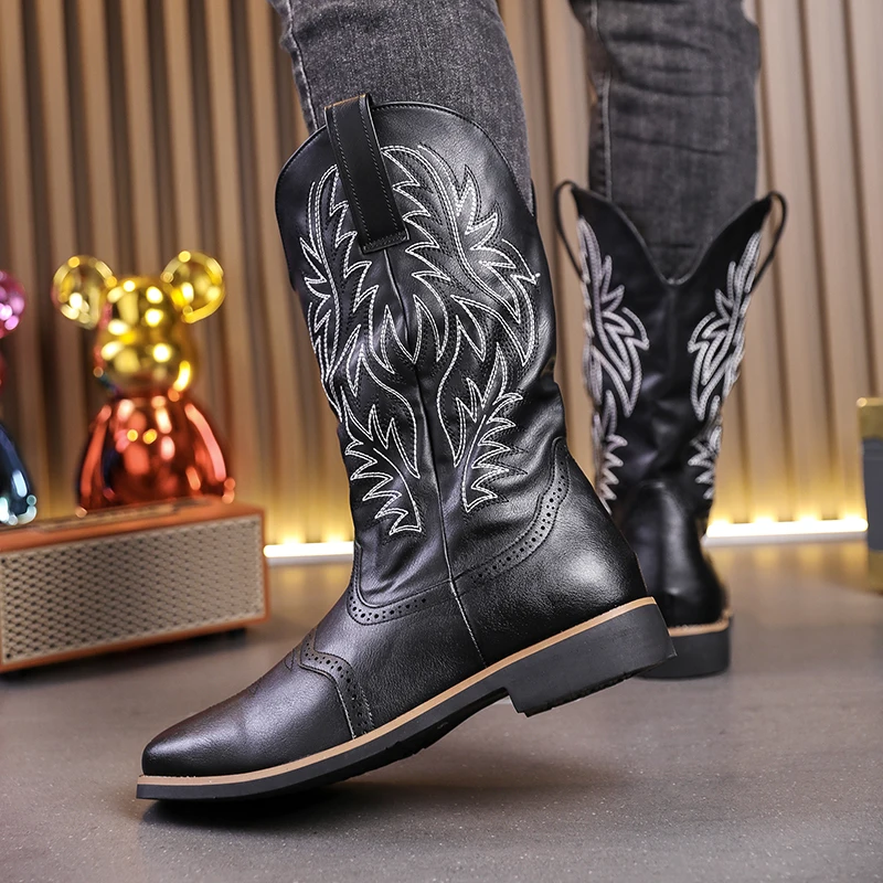 Luxury Cowboy Boots for Men Vintage Knight Shoes Leather Embroidery Mid Heel Motorcycle Boots 2024New Casual West Boot Botas