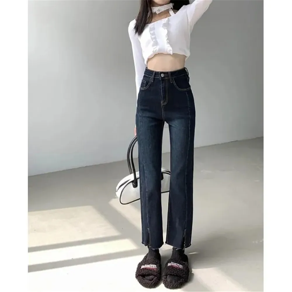 

Y2k Split Jeans Women Stretchy Cowboy Female Casual Empire Streetwear Korean Student Ladies Cool Retro Denim Pants Preppy Kpop