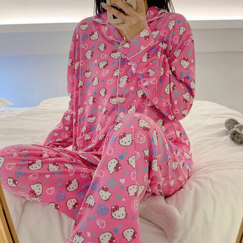 

Women's Breast Style Lapel Long Sleeved Trousers Home Wear Set Kawaii Women's Spring Autumn New Cardigan Pajamas Two Piece Set