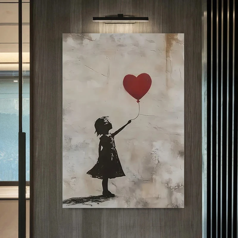 

Vibrant Red Heart Balloon Little Girl Canvas Printed Poster, Modern Graffiti Art Canvas Painting For Living Room Home Decoration