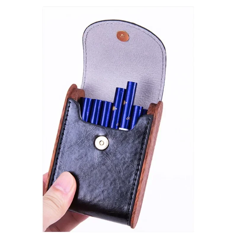 

Retro Portable Cowhide Cigarette Case Solid Wood Slim Storage Box Hand Sewing Accessories with Gift Box