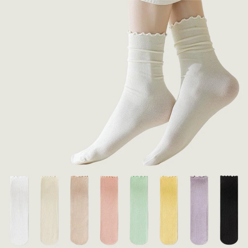Summer Thin Ruffled Ice Silk Socks For Women Japanese Style Mid Calf Lace Trim Candy Colored Stacked Socks