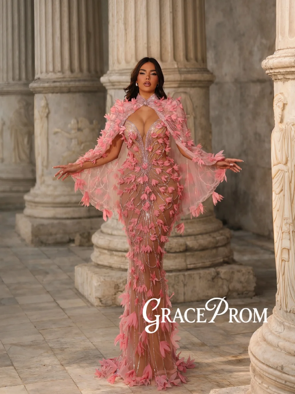 

Pink 3D Floral Beaded Evening Dress With Cape Sexy Illusion Mermaid Wedding Party Gowns Customized Luxury Long Banquet Gowns
