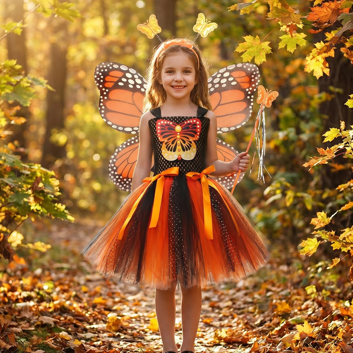 Butterfly Costume for Girls Monarch Dress up Outfit Kids Halloween Cosplay Party Tutu Dress with Wings & Headband Fairy Clothes