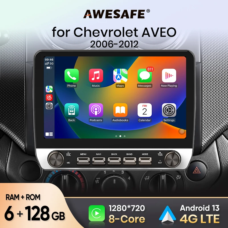 AWESAFE-Autoradio pour Chevrolet Aveo 2006-2012, Carplay sans fil pour Apple, Android Auto, Stéréo avec limitation des boutons, GPS, 4G